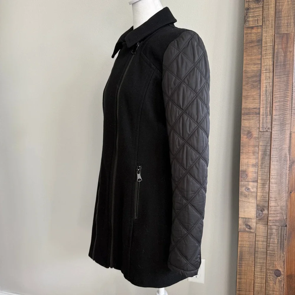Marc New York Andrew Marc Women's Black Quilted Sleeve‎ Wool-Blend Coat